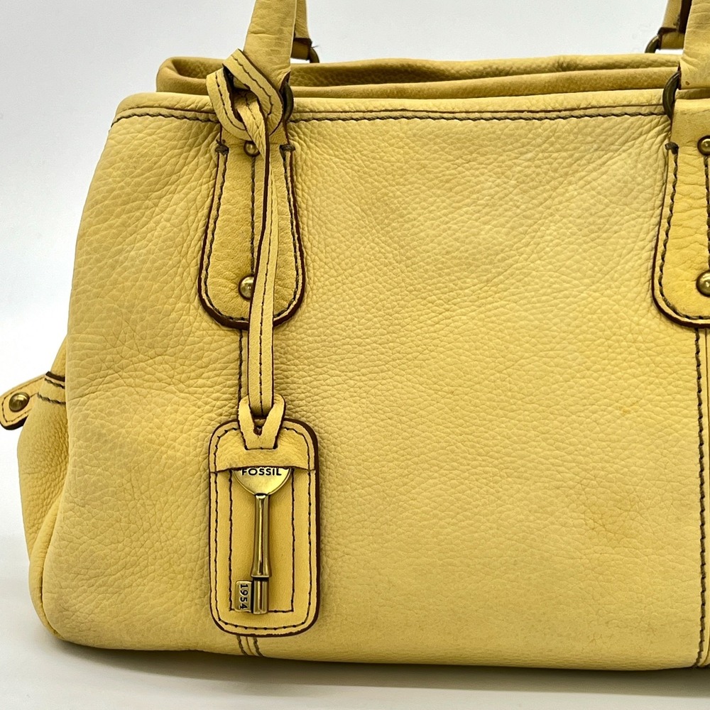 Fossil Key Yellow Pebble Leather Satchel Medium Tote Shoulder Handbag Charm RARE - Picture 3 of 15